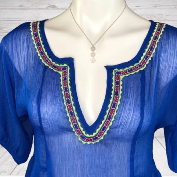 Hollister Embroidered Sheer Top Womens Size XS Blue Boho Festival Crinkle - Picture 2 of 11